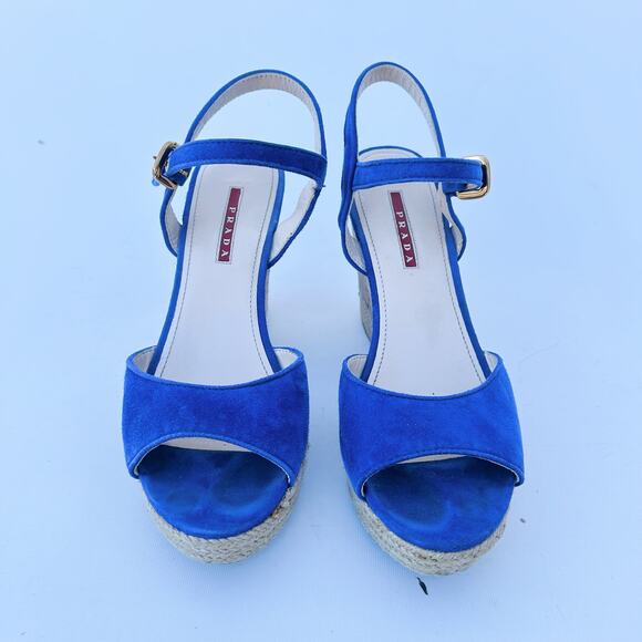 Prada Authentic Suede Blue Espadrille Cork Wedges Sandals 39 Heels 9 Dust Bag - Picture 3 of 11